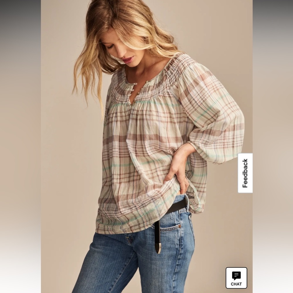 Lucky Brand Lightweight Long Sleeve Smocked Top Plaid Hippie Artsy Boho Cotton L